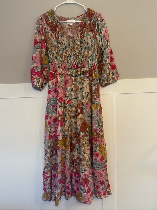 bohme Dresses & Skirts - Bohme smocked bodice colorful floral maxi dress small 3/4 sleeve boho pockets
